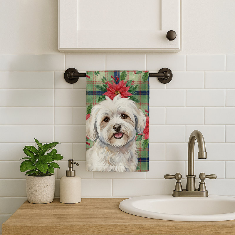 Coton de Tulear Christmas PoinsettIas Kitchen Towel, White Coton de Tulear