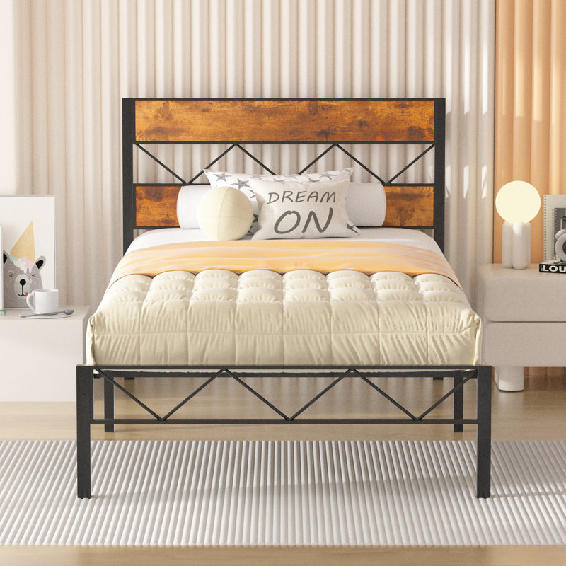 Alicia Twin Size Industrial Metal Platform Bed Frame in Rustic Brown with Wood Headboard, Underbed Storage, Noise-Free, No Box Spring Needed