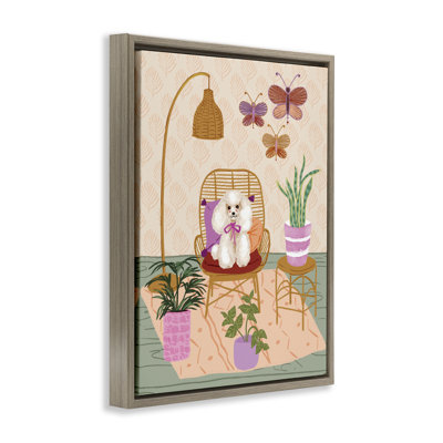 «Pup In Whimsical Living Space», art mural encadré flottant par Be Ni La