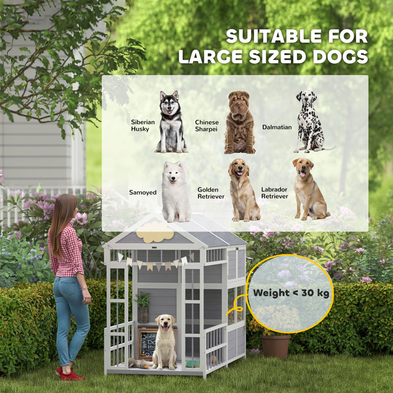 Dog House Outdoor Indoor, 79" x 41" x 63" Wooden Dog Shelter with Porch, Storage Cabinet, Weatherproof Roof, Elevated Floor, Air Vents & Observation Windows, Large Pet Shelter for Large Breeds