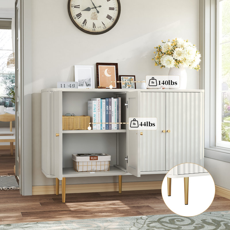 48'' Sideboard Buffet Cabinet, 4-Door Fluted Water Ripple Door Storage Credenza with Adjustable Shelves & Gold Legs, Modern Accent Console Cabinet for Entryway, Dining Room, Living Room