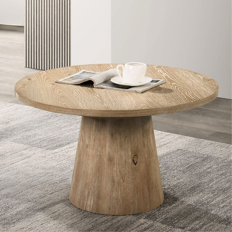 Table basse ronde au look contemporain, piédestal conique en chêne, structure en bois d'hévéa, P 29 po x H 17 po, tâche d'assemblage simple avec finition, H 17 po