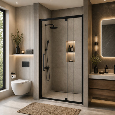Porte de douche semi-encadrée en verre à charnière pivotante l 44 à 48 po x H 72 po, verre trempé 1/4 po (6 mm), finition noir mat, porte de douche en verre réversible