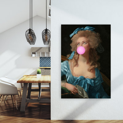 Rococo Bubblegum Lady Classic Contemporary Elegant Portrait Wall Art Print 1 Piece Wrapped Canvas Wall Art