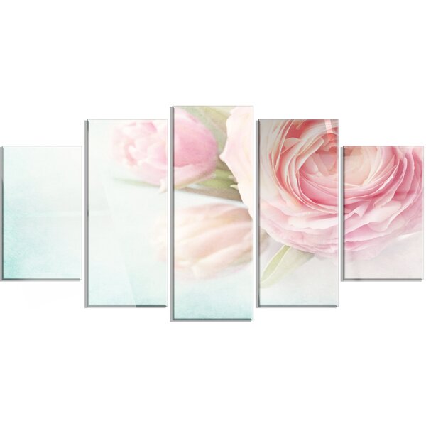 DesignArt Pink Flowers Against Blue Background On Canvas 5 Pieces Print ...