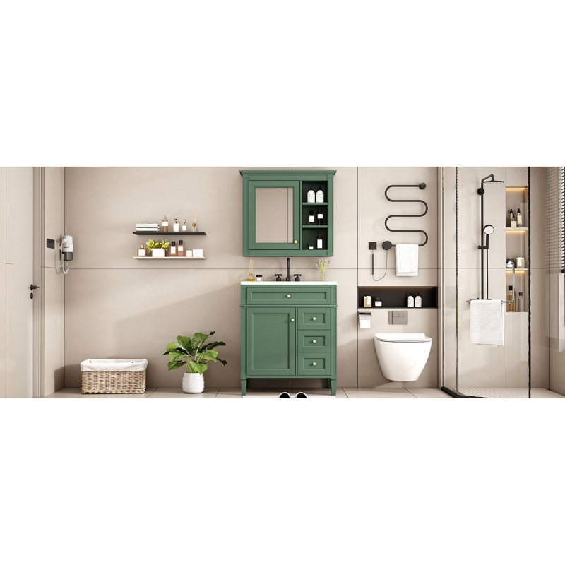 Meuble-lavabo moderne avec lavabo simple 30 po avec rangement, 3 tiroirs, armoire à miroir, couleur, lavabo à trois trous, forme rectangulaire, trou de déversement pour rangement des matériaux, lavabo, finition