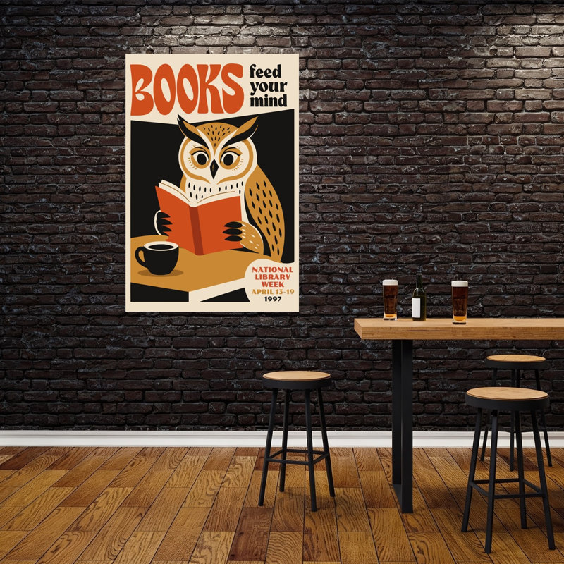 Affiche murale vintage représentant un hibou sage lisant un livre, style rétro, architecture de forêt., H 60 po x l 40 po
