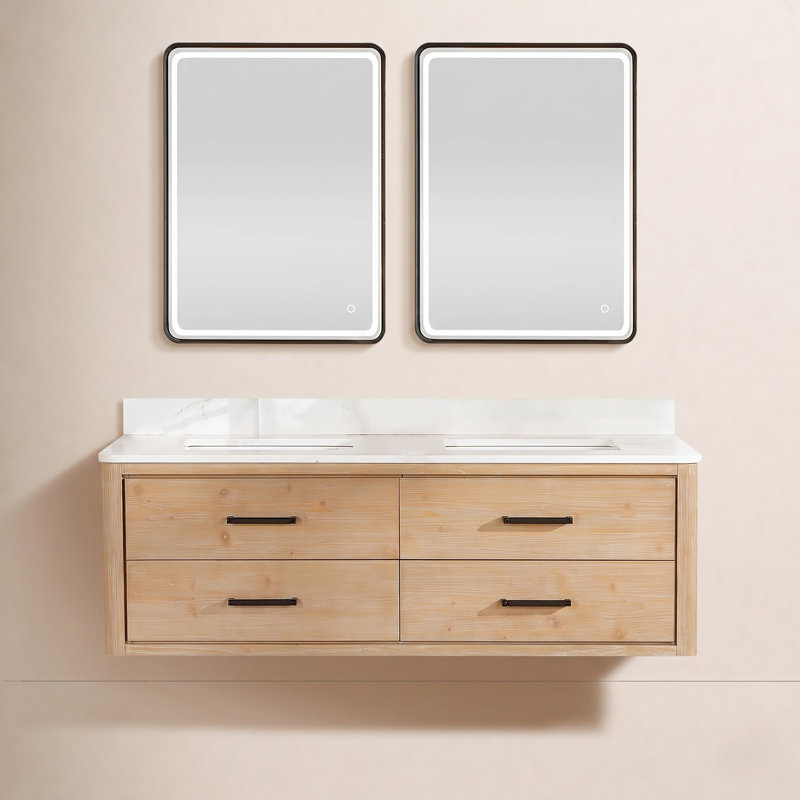 Meuble-lavabo double 60 po avec plateau Cristo, Bois de sapin brun