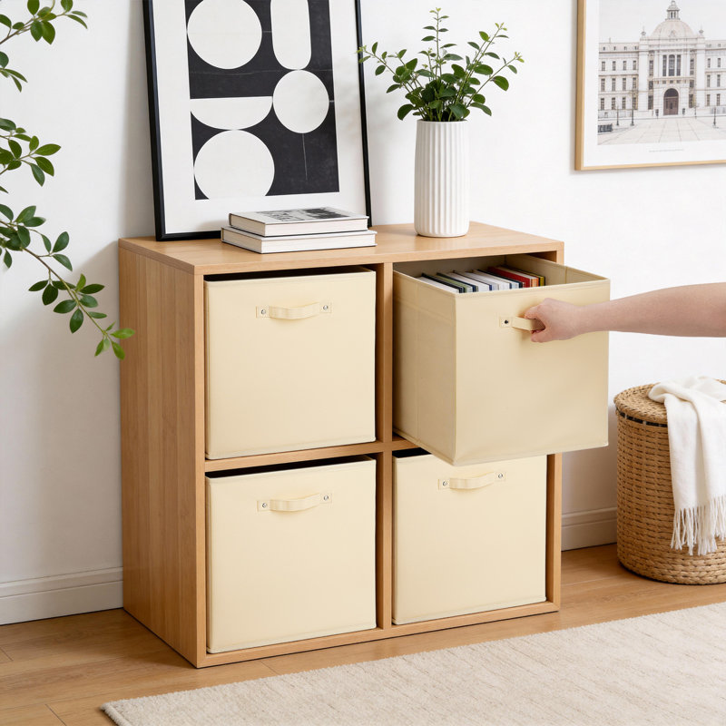 Ensemble de 6 paniers de rangement pliables en tissu avec poignée, Beige