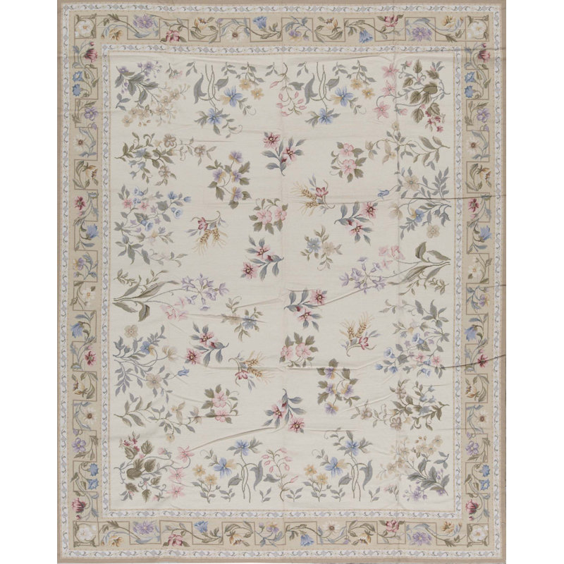 Hand-Knotted High-Quality Ivory, Brown, and Green Area Rug