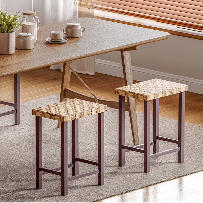 Ensemble de 3 tabourets de bar Seagrass tissés à la main - hauteur réglable de 26,3 po, pieds en bois d'hévéa massif, capacité de 250 lb, tabourets de comptoir rustiques