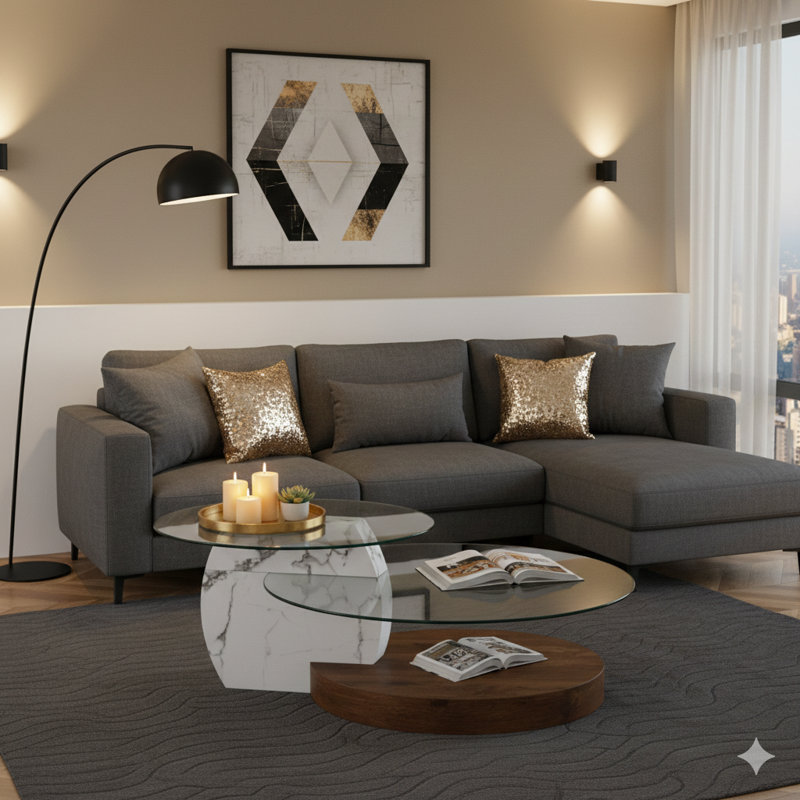 Table basse contemporaine à deux niveaux combinant des finitions en marbre blanc et grain de bois, plusieurs options de couleurs, faite de panneau de densité stratifié et de verre renforcé
