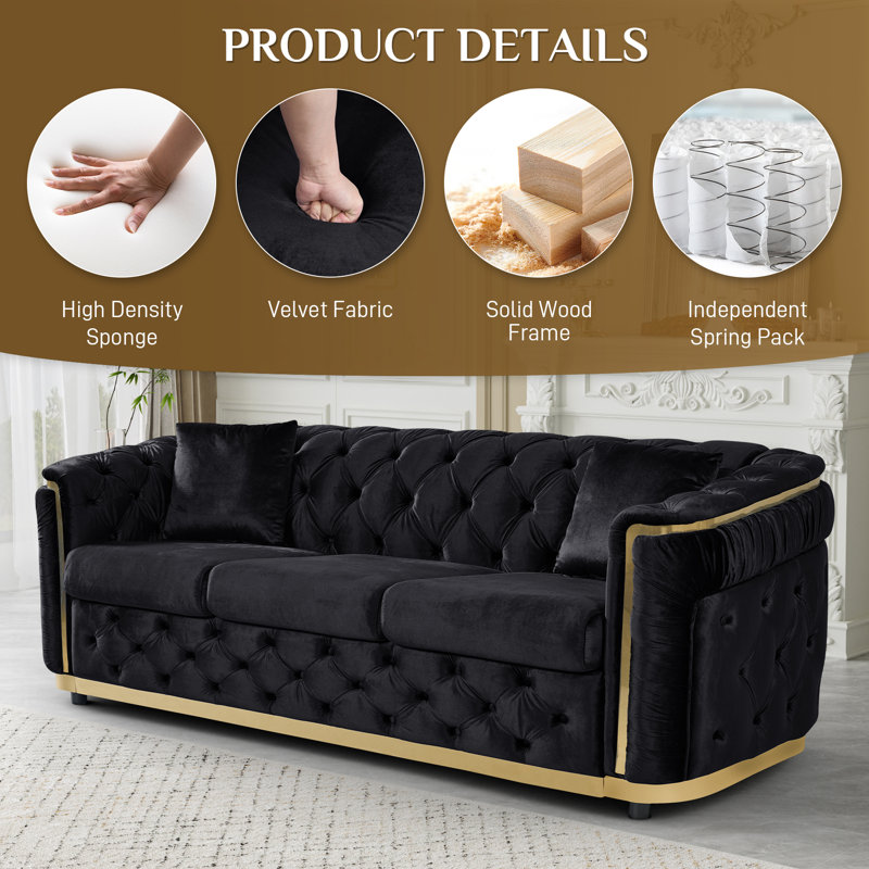  85" Chesterfield Velvet Sofa with Gold Trim Accents, Black/Gold