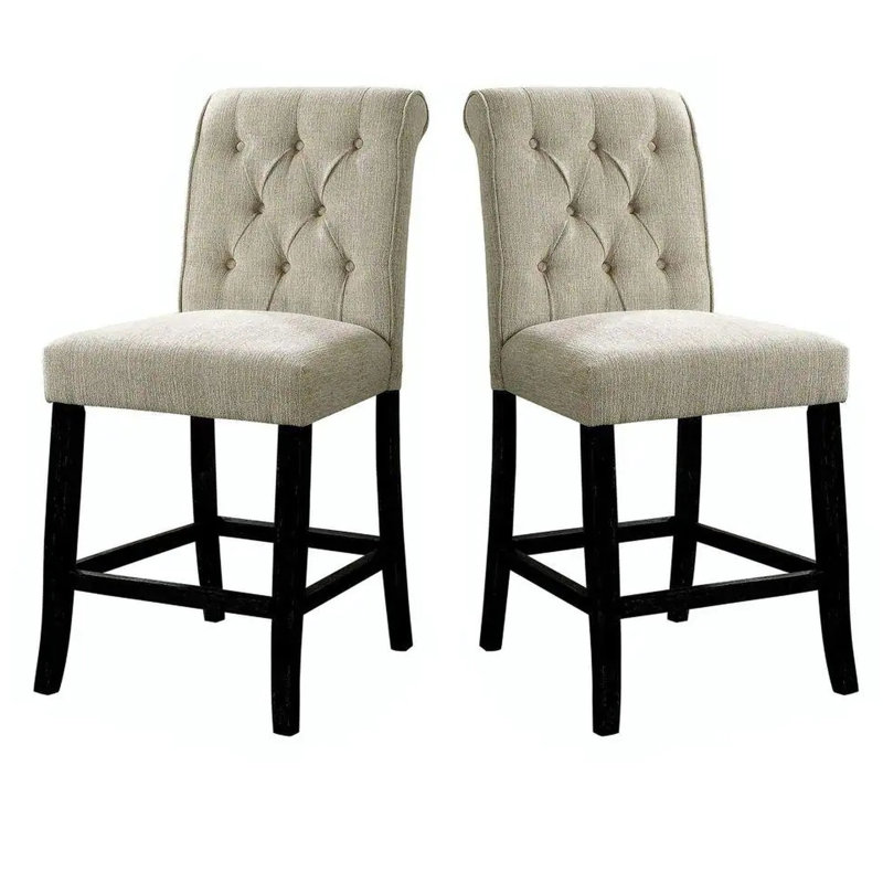 De 2 chaises de hauteur comptoir rustiques, tissu chenille beige recouvert de dossier et pieds noirs antiques pour la décoration de la maison