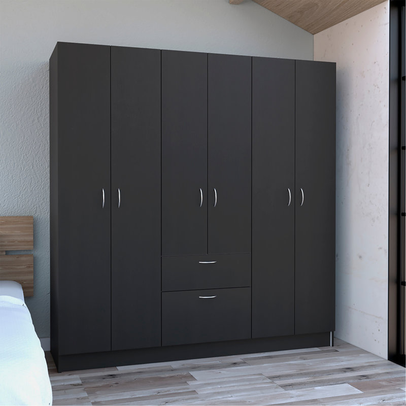 Armoire 6 portes, un tiroir, une tringle, sept tablettes intérieures, wengé noir / blanc - chambre à coucher