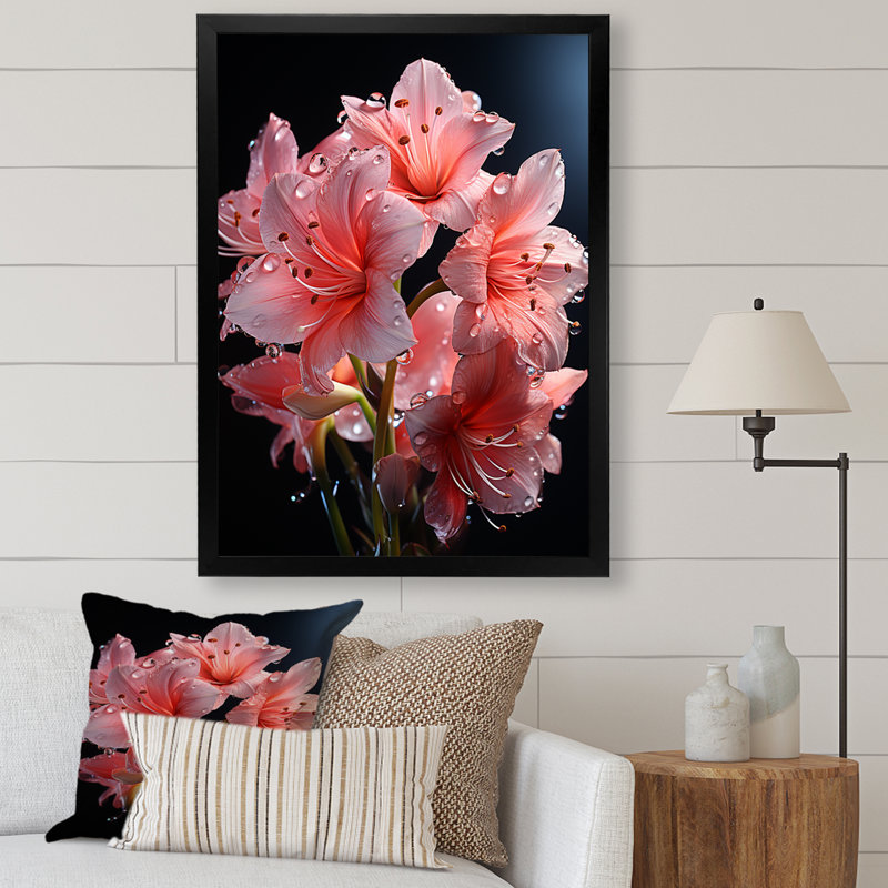 Fleur de lis rose élégance IV - art mural Lily, Cadre photo noir simple, H 32 po x l 16 po x P 1 po