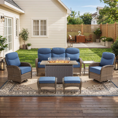 7 Piece Wicker Patio Furniture Set With 6" Thick Cushion - Outdoor Swivel Rocker Chairs Set With 3 Seat Sofa And Fire Pit Table, Patio Conversation Sets Proch Furniture For Balcony Deck
