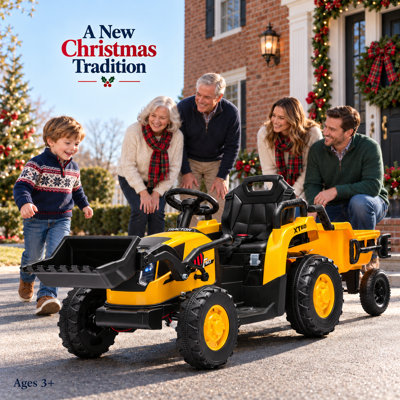 Tracteur de ferme électrique 24W pour enfants avec remorque et chargeur 4 roues motrices avec télécommande, musique, lumières DEL, ceinture de sécurité, 37 à 96 mois, jaune