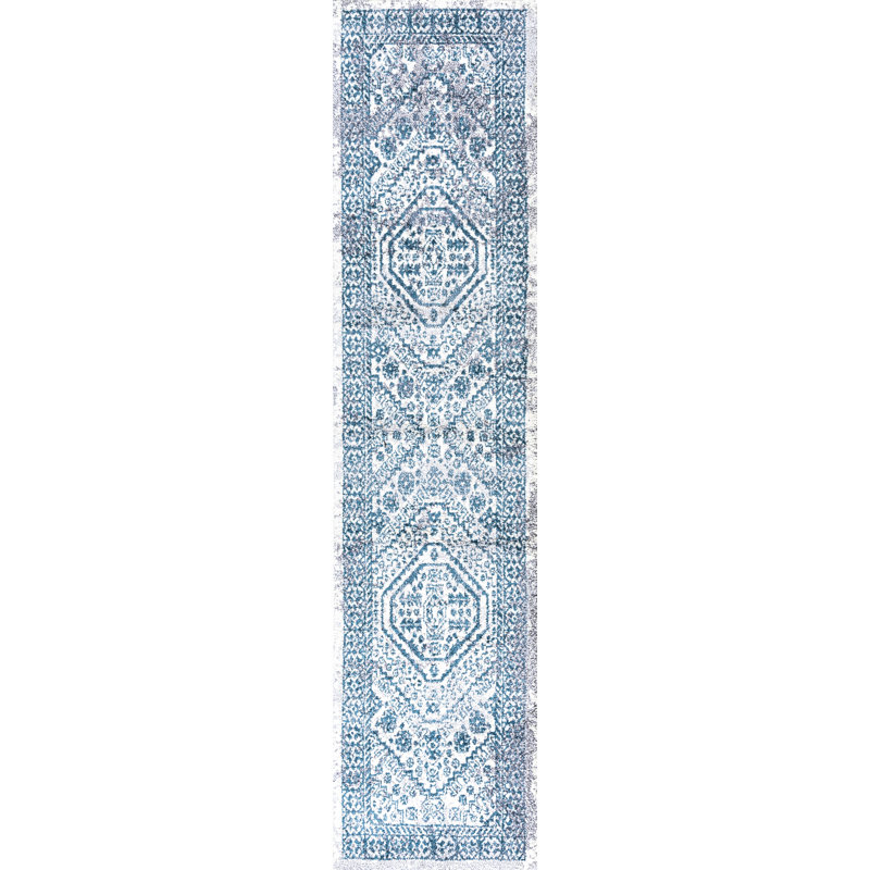 Tapis bleu / blanc Boho Cottage Medallion, Tapis de couloir 2 pi x 10 pi