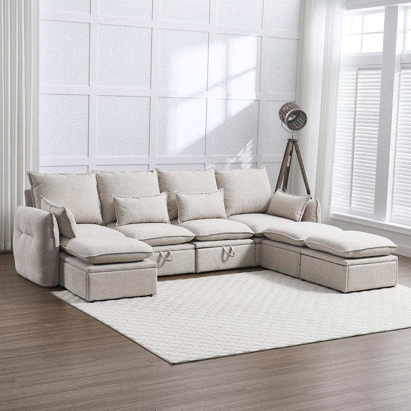114" 7-Piece Sectional Sofa With 3 Ottomans, Beige Linen