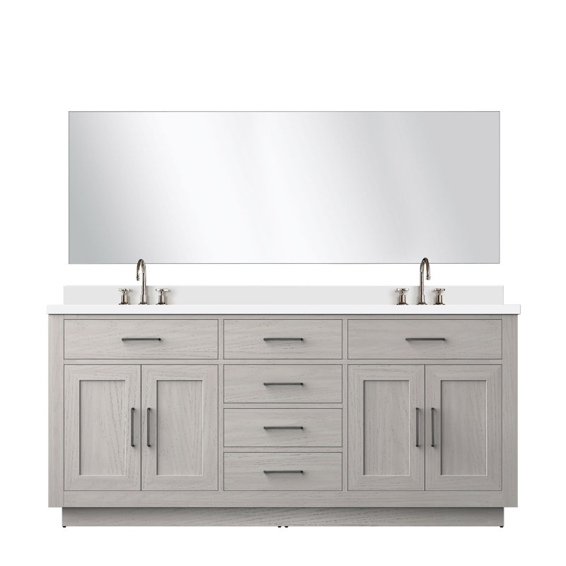 Ensemble de meuble-lavabo double 72 "avec miroir, Chêne blanc, Marbre de culture blanc