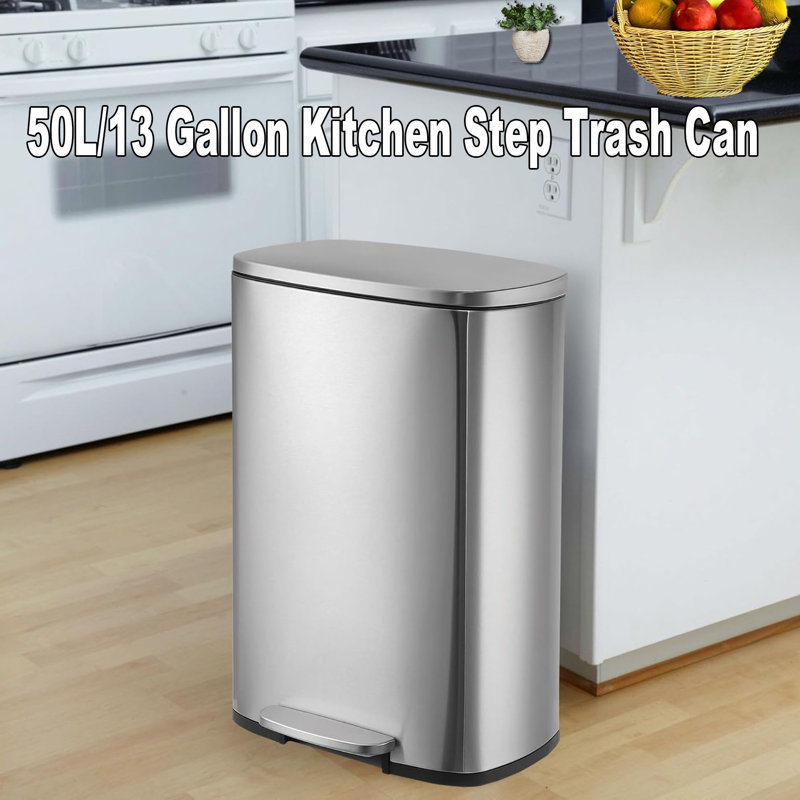 50L Silver Stainless Steel Rectangular Step-On Trash Can