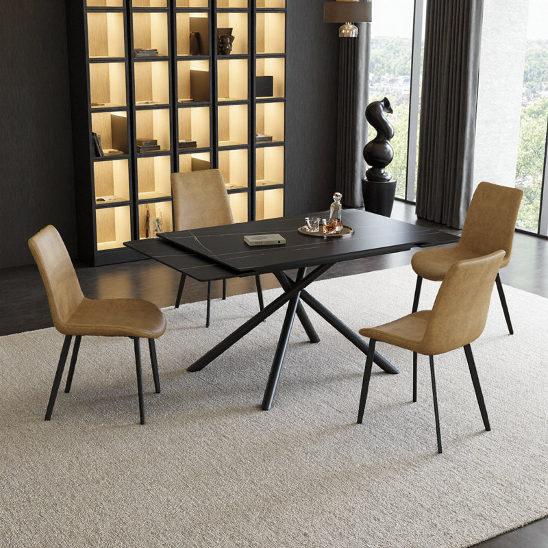 Retractable Sintered Stone Dining Table Set - Modern Rectangular Design with Black Carbon Steel Legs (Table + 5 Chairs)