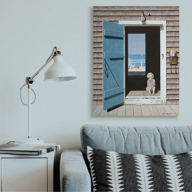 Chien entre deux portes, scène côtière apaisante par Zhen-Huan Lu - impression d'art graphique, H 48 po x l 36 po x 1,5 po