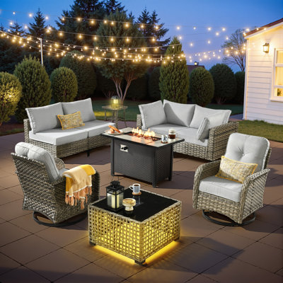 6-Person  All-Weather Wicker Outdoor Sectional With Cushions,Swivel Rockers,Led Coffee Table And Fire Pit