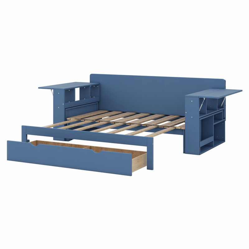 Lit de jour avec bureau amovible, tiroirs de rangement et table d'appoint hydraulique, Bleu, Double