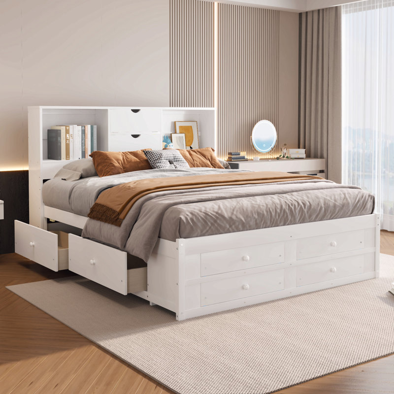 Lit plateforme avec tête de lit avec rangement et 8 tiroirs, King, White