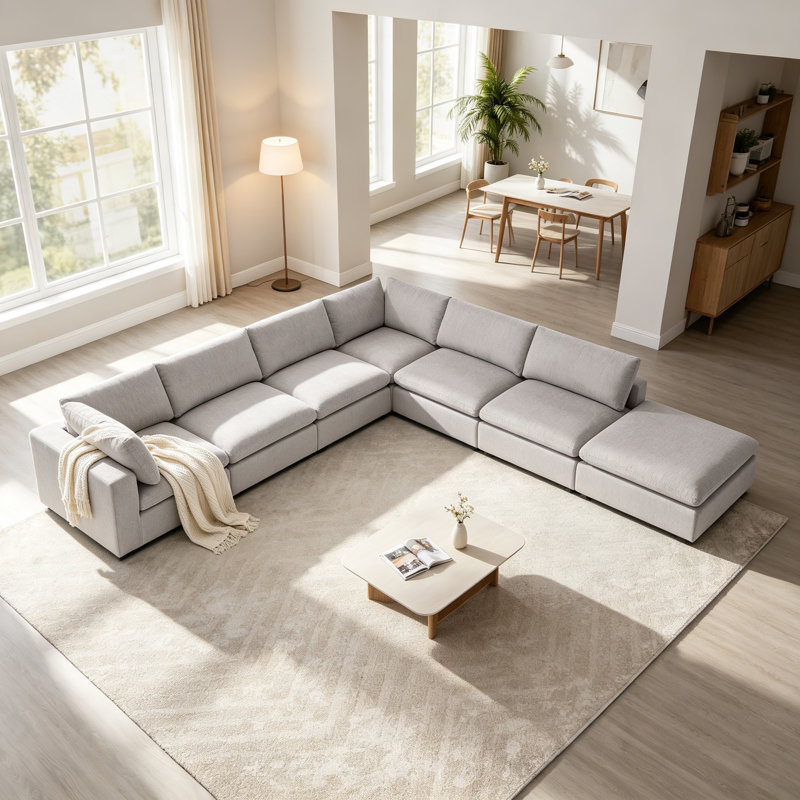 Canapé modulaire rembourré avec repose-pieds 7 pièces Nuccio, Gris clair