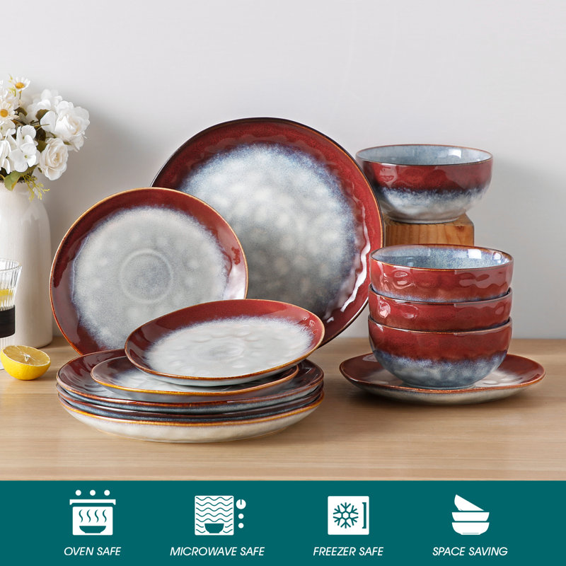 12 Pieces Dinnerware Set, Dinner Plate, Dessert Plate And Bowl Set For 4 Person, Ceramic Dinnerware, Red