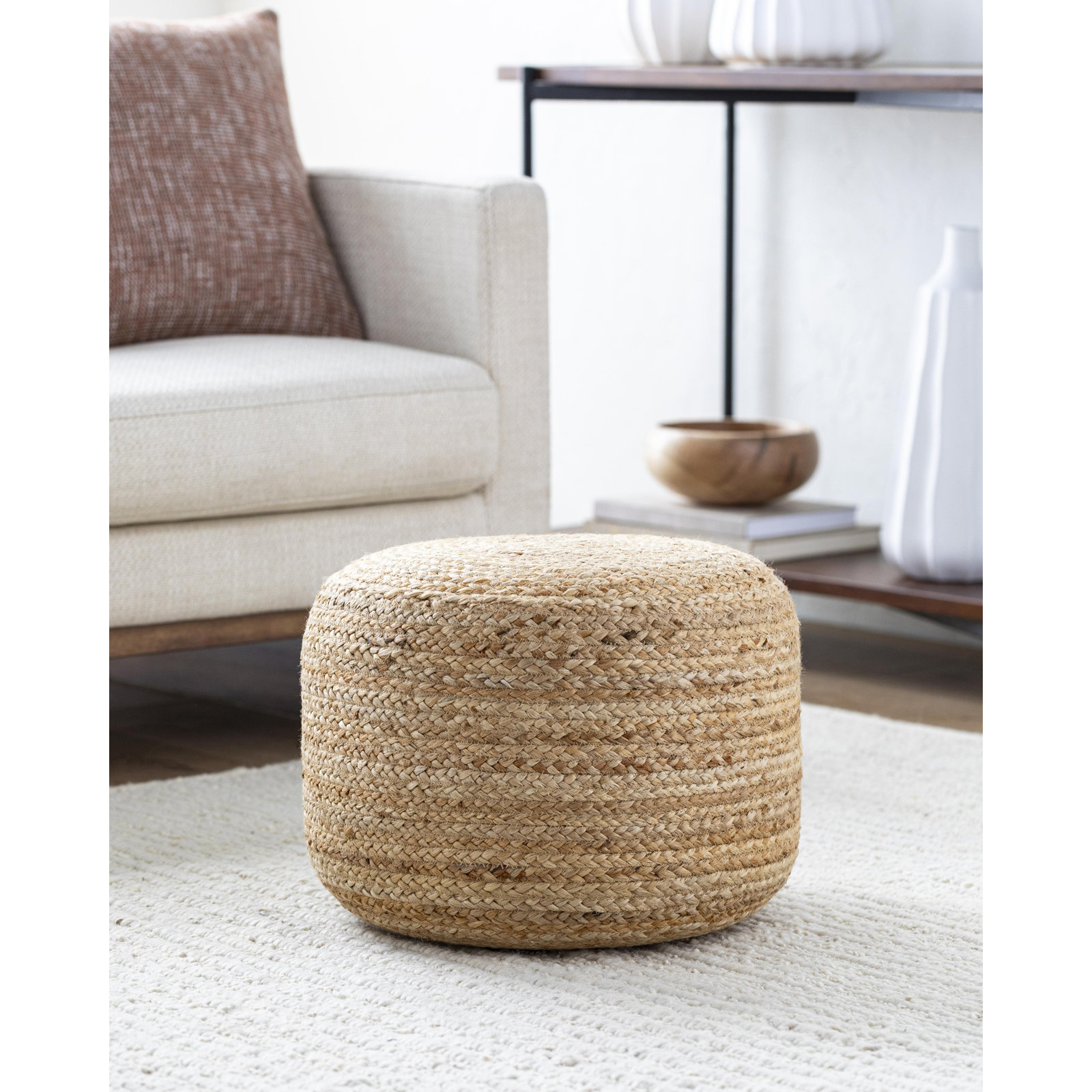 Bergholt 18" Wide Round Pouf Ottoman, Brown