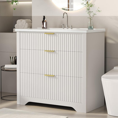 Meuble-lavabo cannelé avec évier intégré en céramique, 2 tiroirs et tiroir rabattable, armoire de rangement autoportante en bois pour les salles de bain modernes