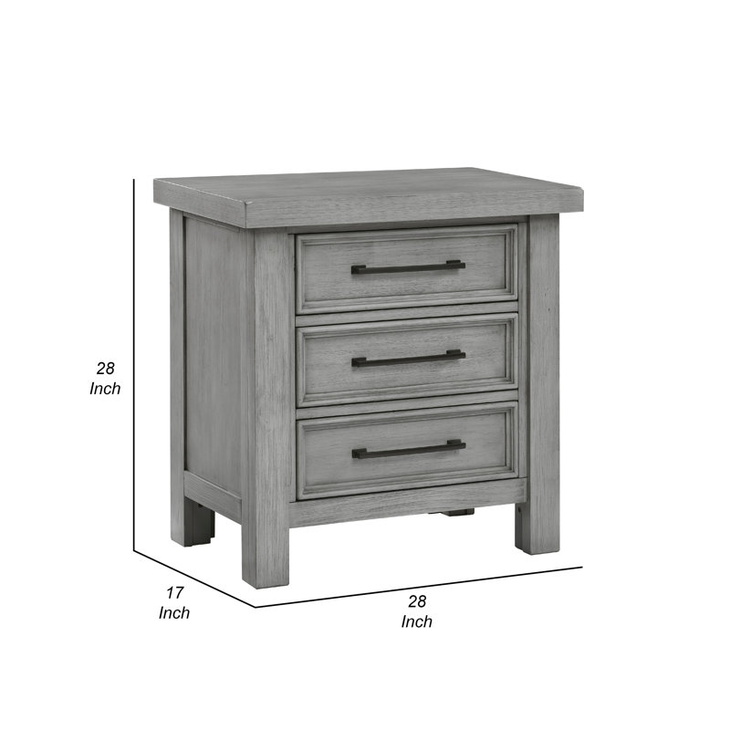 Table de chevet Daisy, placage de manguier gris, 3 tiroirs, boutons en métal bronze