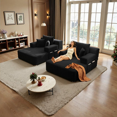 Oversized 2-Piece Chaise Lounge Set With Storage Pockets & Convertible Sofa Bed