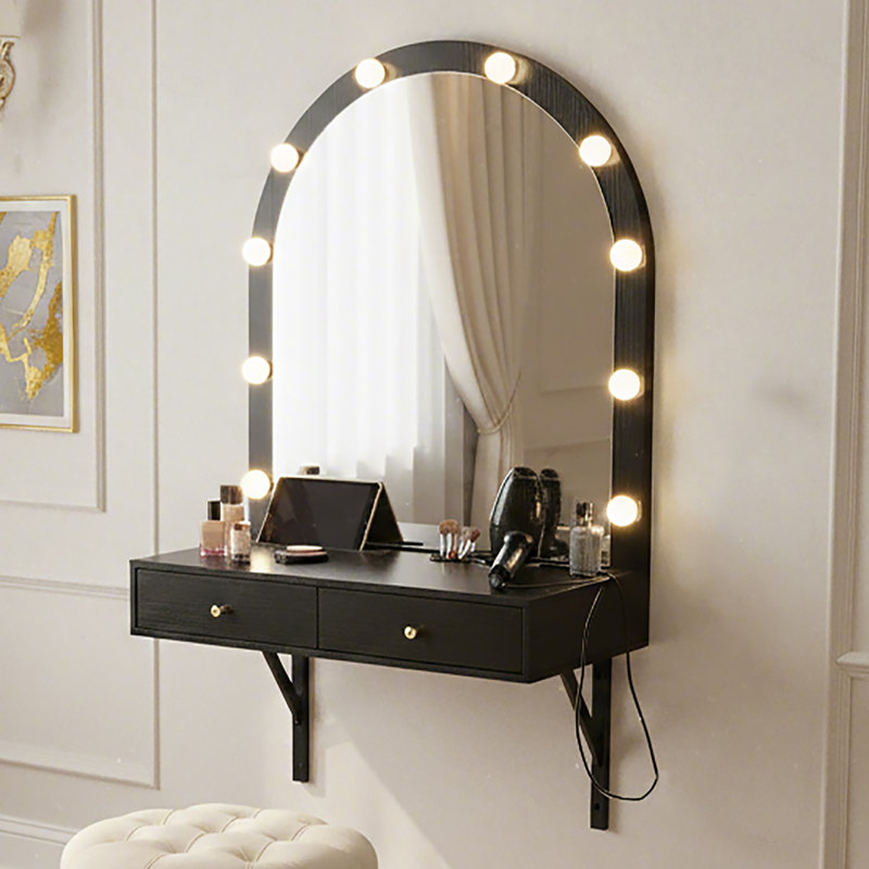 Meuble-lavabo mural flottant avec miroir DEL, éclairage 3 couleurs, prise de courant et ports de charge USB - coiffeuse de rangement compacte pour la chambre à coucher et la salle de bain