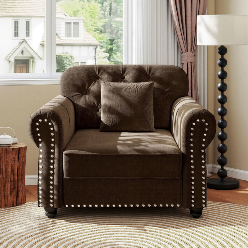 Fauteuil en velours de 41 po avec structure et coussin en bois massif, brun, Brown