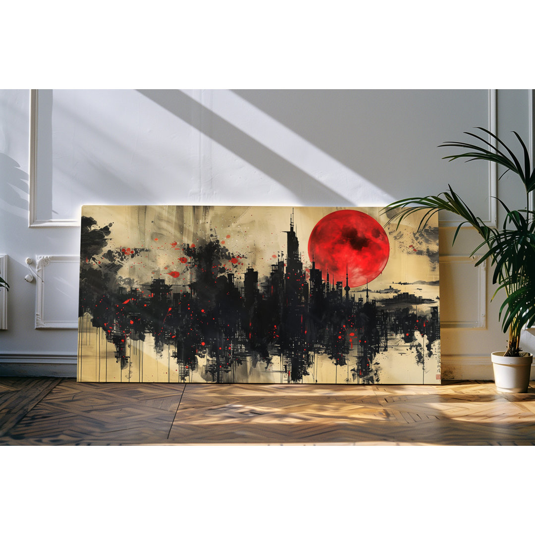 Bilder auf Leinwand 120x60cm Abstrakte Skyline rote Sonne Kunstvoll Hochhäuser