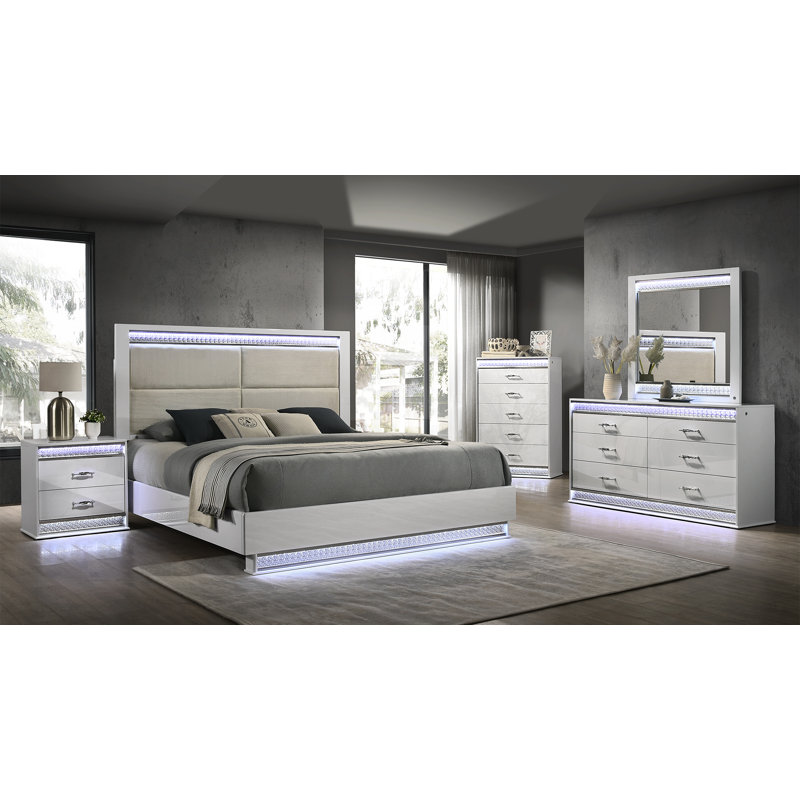 Ensemble de chambre rembourrée avec éclairage DEL Lashell, Grand, 5 Pcs: Bed, 2 Dressers, Nightstand, Mirror