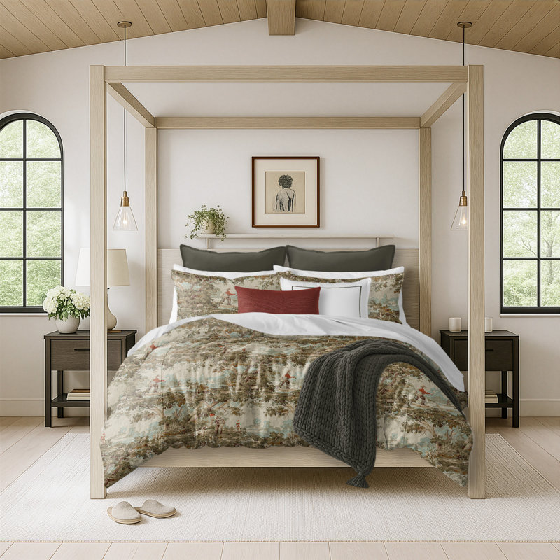 Greenwood Ivory/Red Linen Duvet Cover Set, California King Duvet + 2 King Shams