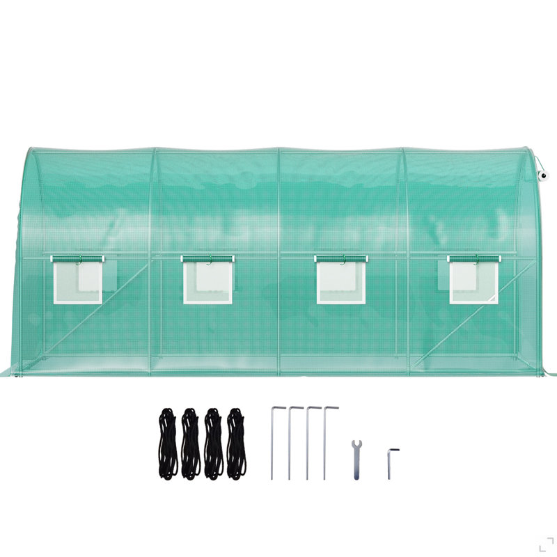 Walk-In Tunnel Greenhouse, 14.8 X 6.6 X 6.6 Ft Portable Plant Hot House W/ Galvanized Steel Hoops, 1 Top Beam, Diagonal Poles, Zippered Door & 8 Roll-Up Windows
