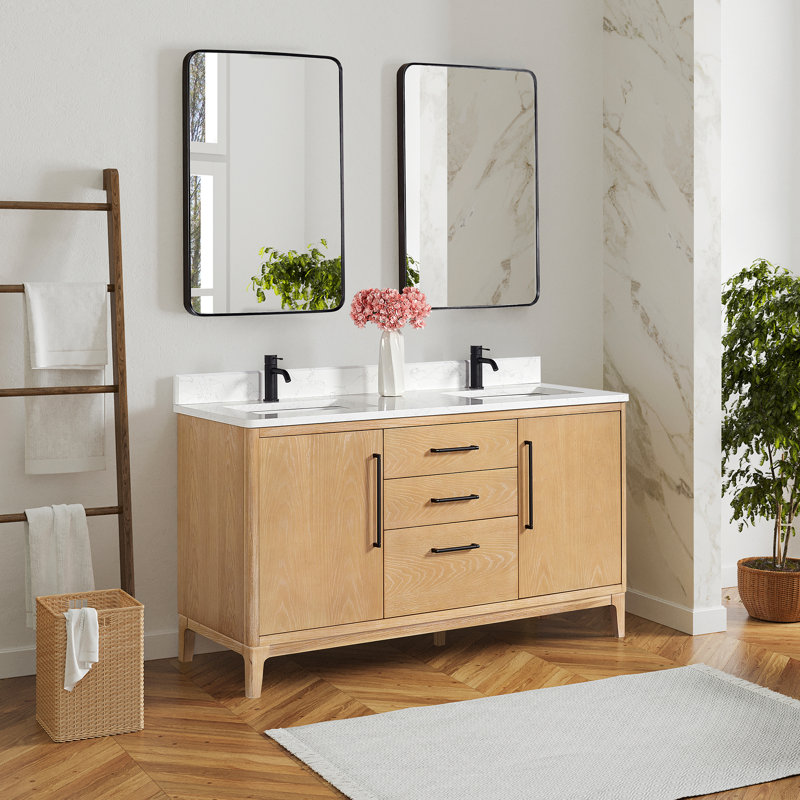 Meuble-lavabo double sur pied 60 po Langosta, Gris cendré délavé