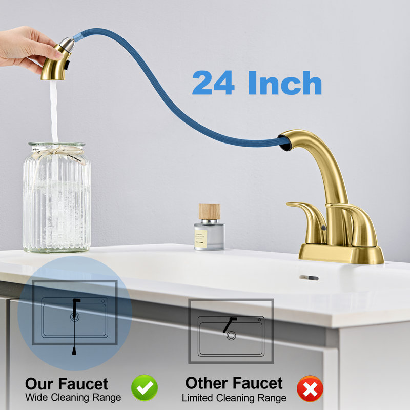 Robinet de lavabo de salle de bain à double poignée, entraxe de 10 cm, bec extractible et deux modes de fonctionnement, avec bonde escamotable.