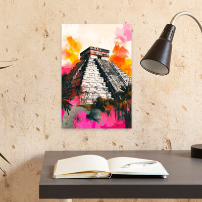 Vibrant Chichen Itza Pyramid Colorful Dramatic Vibrant Architecture Landscape Wall Art Print 1 Piece Wrapped Canvas Wall Art