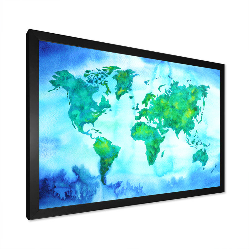 «World Map Blue Green Tone III», reproduction sur toile flottante, H 30 po x l 40 po x P 1,5 po, Cadre d'angle fermé noir
