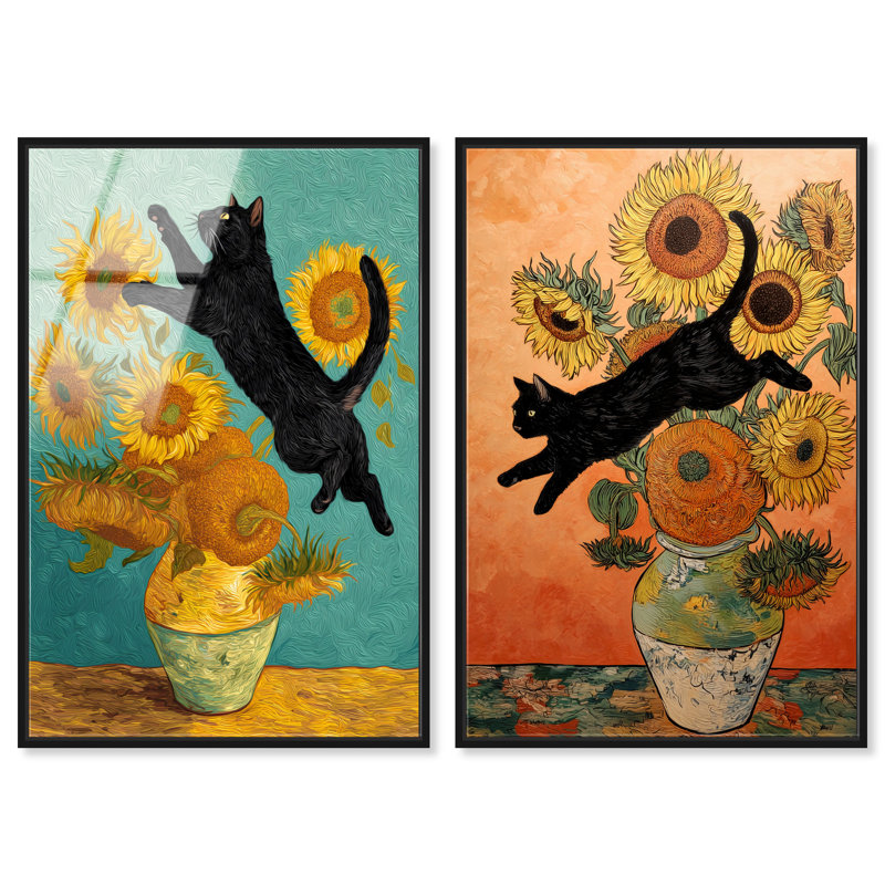 «Sunflower Kitten Duo», ensemble de décorations murales encadrées par Art Remedy, cadre noir, 36 x 54, H 55 po x l 37 po