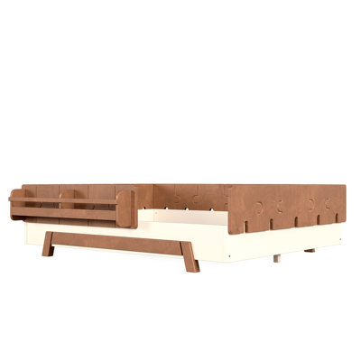 Full Size Floor Bed with Full-length Guardrails and Bookshelves, Solid Wood Montessori Bed Slats, Low-profile and Childlike Building Block Design, Beige & Deep Natural