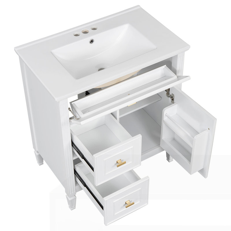 Meuble-lavabo 30 po avec lavabo, un tiroir rabattable et deux tiroirs, Blanc